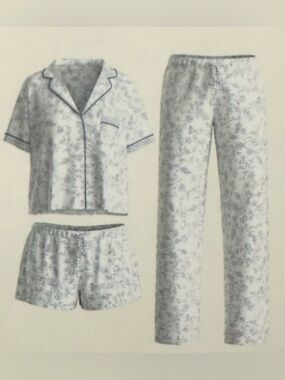LA L White Blue Floral Bird Notch Collar Comfortable Tee Short & Pant 3 pc PJ